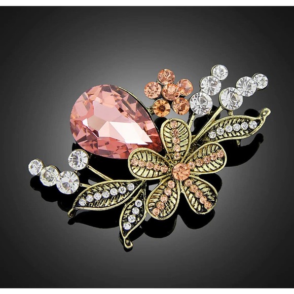 Vintage Style Retro Floral Brooch Pin Peach Clear Rhinestones - Picture 1 of 7